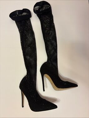 JLO Jennifer Lopez - Black Sparkle Over-the-Knee Stiletto Boots Size 6 1/2